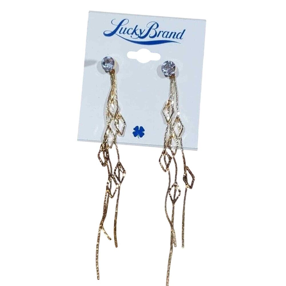 Lucky Brand Gold Tone Crystal Diamond Open Work Shoulder Duster Drop Earrings